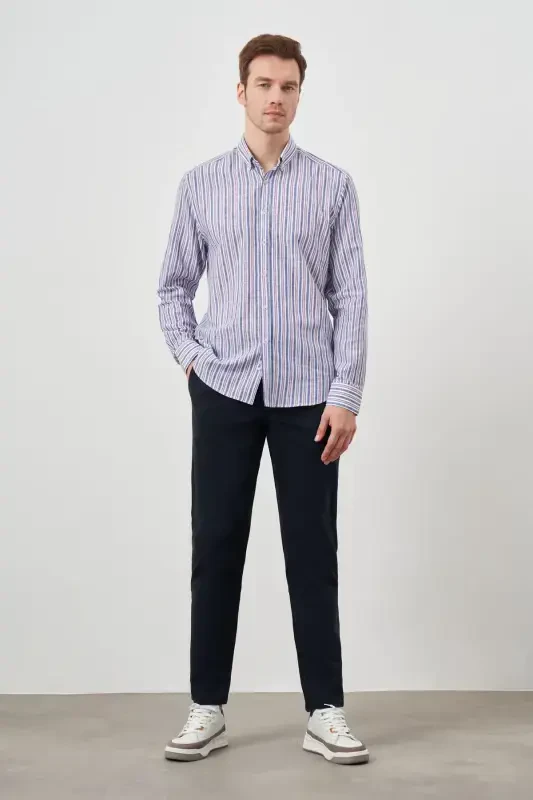 Modazone Men's Burgundy Linen Panelled Buttoned Collar Regular Fit Shirt - MORVEN