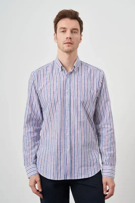 Modazone Men's Burgundy Linen Panelled Buttoned Collar Regular Fit Shirt - 2