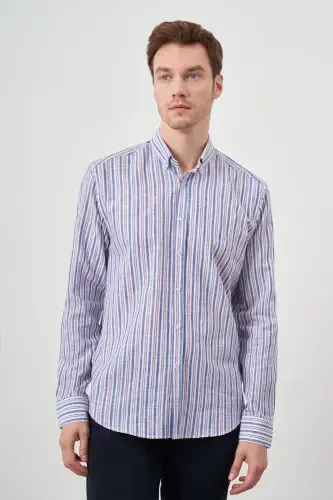 Modazone Men's Burgundy Linen Panelled Buttoned Collar Regular Fit Shirt - 3