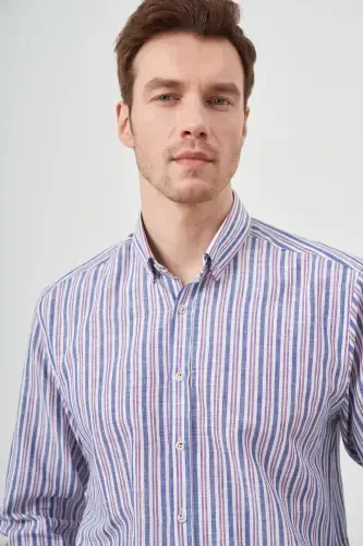 Modazone Men's Burgundy Linen Panelled Buttoned Collar Regular Fit Shirt - 5