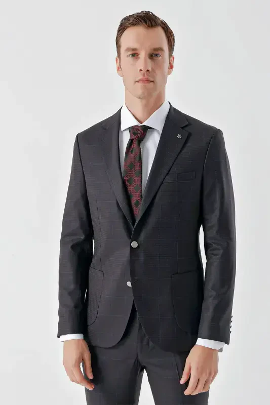 Modazone Men's Burgundy Polyviscose Trendy Plaid Slim Fit Single Button Suit - 5