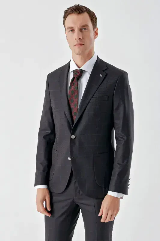 Modazone Men's Burgundy Polyviscose Trendy Plaid Slim Fit Single Button Suit - 6