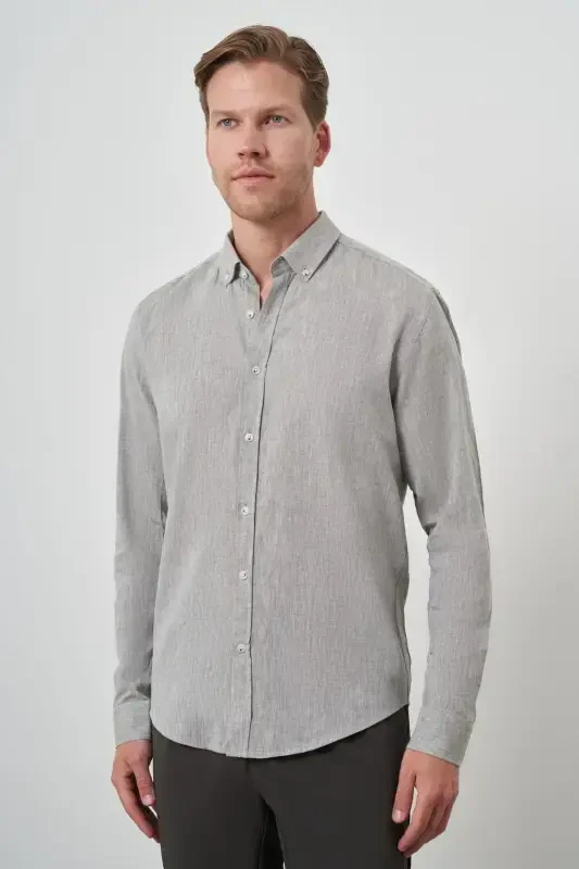 Modazone Men's Cagla Green Linen Trend Dynamic Fit Button-Down Collar Shirt - MORVEN