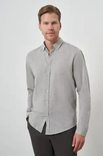 Modazone Men's Cagla Green Linen Trend Dynamic Fit Button-Down Collar Shirt - 4