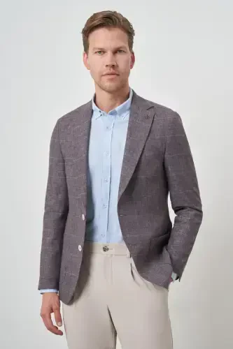 Modazone Men's COFFEE Linen Checkered Slim Fit Single Collar Jacket - 1