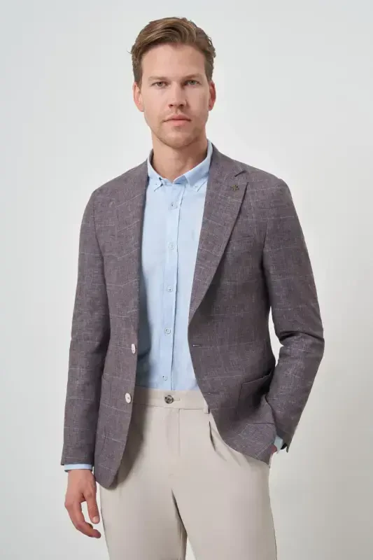 Modazone Men's COFFEE Linen Checkered Slim Fit Single Collar Jacket - MORVEN