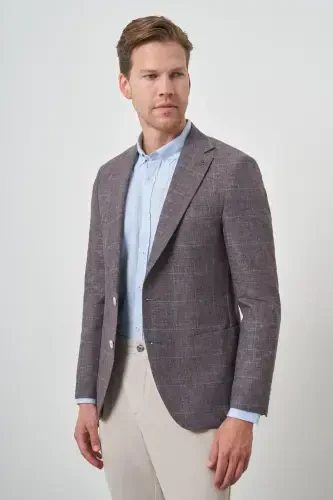 Modazone Men's COFFEE Linen Checkered Slim Fit Single Collar Jacket - MORVEN (1)