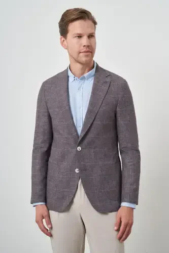 Modazone Men's COFFEE Linen Checkered Slim Fit Single Collar Jacket - 3