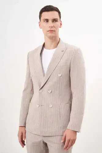 Modazone Men's COFFEE Linen Trend Double Breasted Slim Fit Pointed Collar Suit - 2