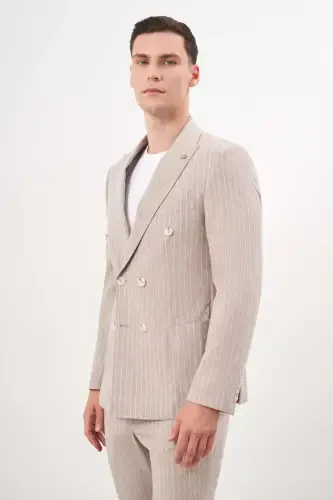 Modazone Men's COFFEE Linen Trend Double Breasted Slim Fit Pointed Collar Suit - 3