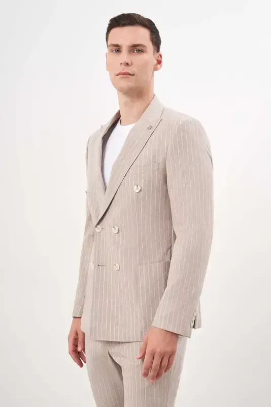 Modazone Men's COFFEE Linen Trend Double Breasted Slim Fit Pointed Collar Suit - 3