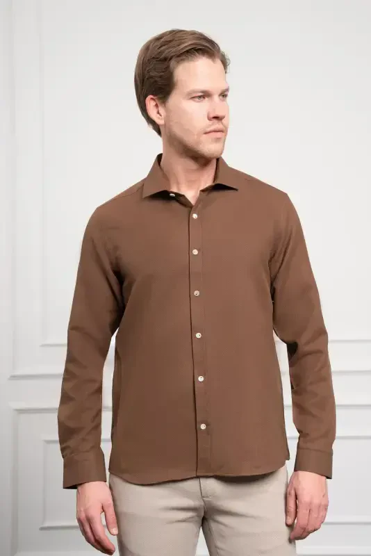 Modazone Men's COFFEE Trend Italian Collar Slim Fit Narrow Cut Shirt - 3