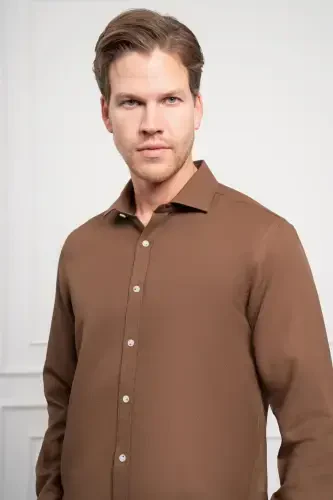 Modazone Men's COFFEE Trend Italian Collar Slim Fit Narrow Cut Shirt - 4