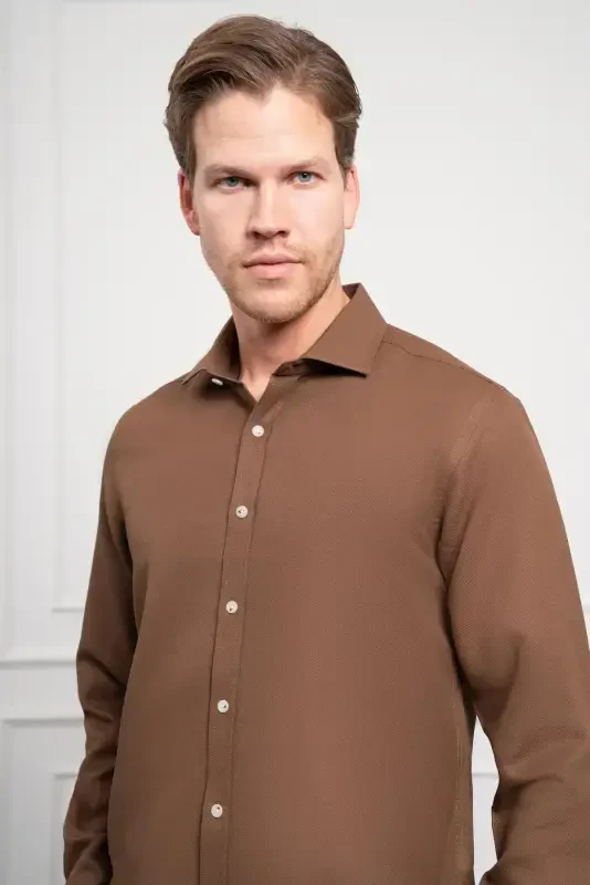 Modazone Men's COFFEE Trend Italian Collar Slim Fit Narrow Cut Shirt - 4