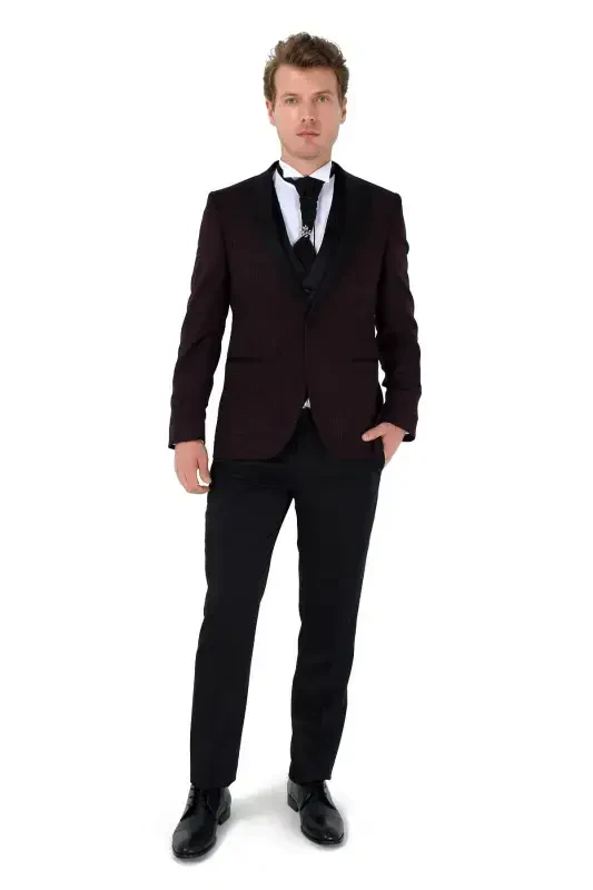 Modazone Men's Dark Burgundy New York Vested Groom Suit - 1