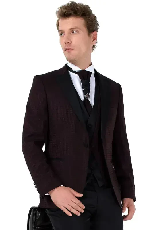 Modazone Men's Dark Burgundy New York Vested Groom Suit - 2