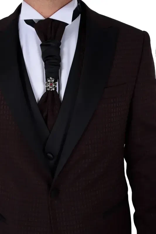 Modazone Men's Dark Burgundy New York Vested Groom Suit - 3