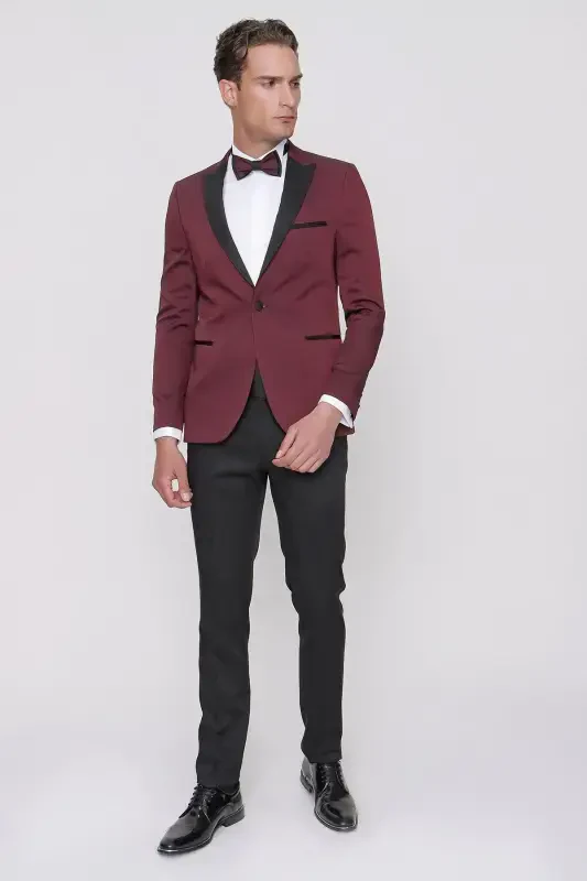 Modazone Men's Dark Burgundy Taiga Bow Tie Cummerbund Ceromonia Groom Suit - 2