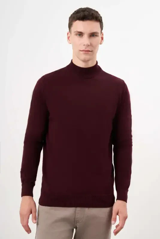 Modazone Men's Dark Claret Basic Turtleneck Dynamic Fit Comfort Cut Knitwear - 1