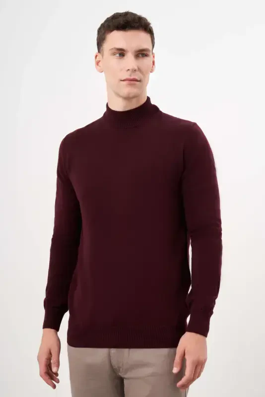 Modazone Men's Dark Claret Basic Turtleneck Dynamic Fit Comfort Cut Knitwear - 2