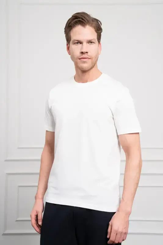 Modazone Men's Ecru Basic Crew Neck Dynamic Fit Cotton T-Shirt - 1