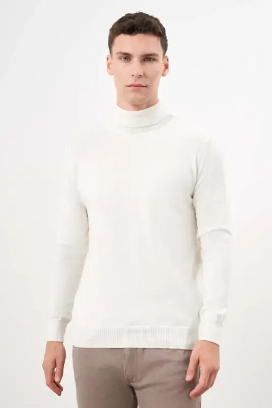 Modazone Men's Ecru Basic Fisherman's Collar Dynamic Fit Comfort Cut Knitwear - 1