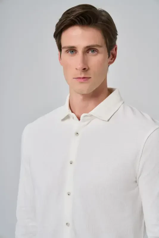 Modazone Men's Ecru Cotton Trend Bark Pattern Dynamic Fit Italian Collar Shirt - 2