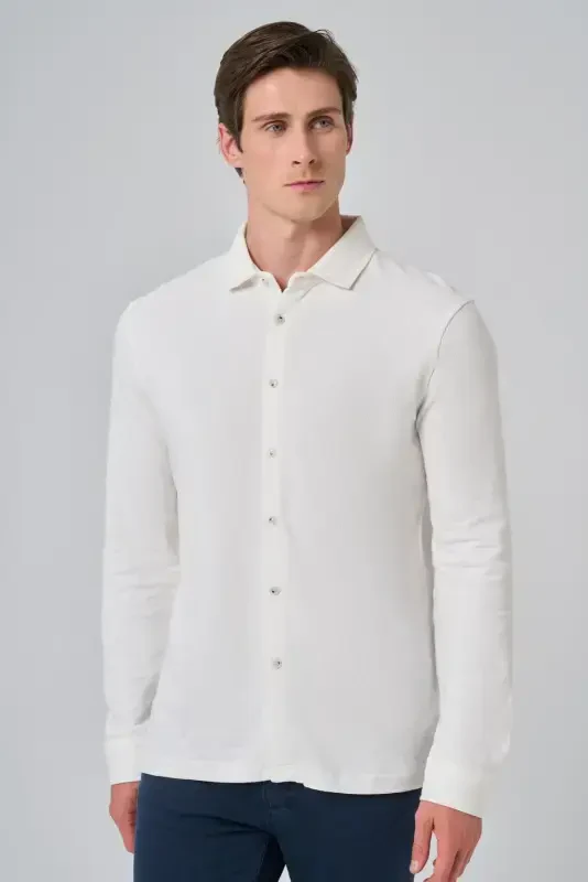 Modazone Men's Ecru Cotton Trend Bark Pattern Dynamic Fit Italian Collar Shirt - 3