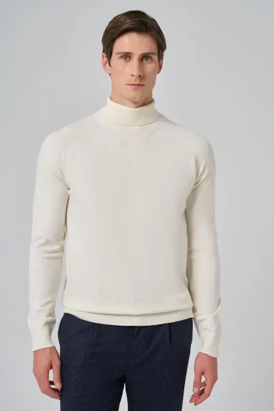 Modazone Men's Ecru Trend Core Spun Fisherman's Collar Dynamic Fit Comfort Fit Knitted Sweater - 1