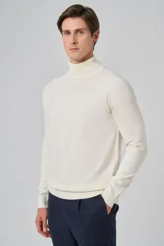 Modazone Men's Ecru Trend Core Spun Fisherman's Collar Dynamic Fit Comfort Fit Knitted Sweater - 3