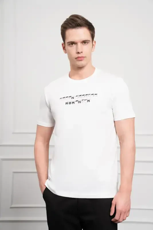 Modazone Men's Ecru Trend Crew Neck Dynamic Fit Cotton T-Shirt - 3