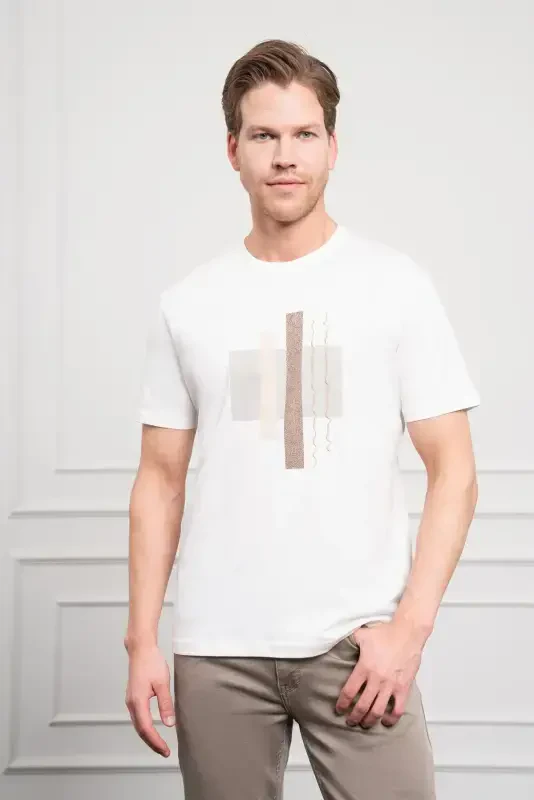 Modazone Men's Ecru Trend Crew Neck Dynamic Fit Cotton T-Shirt - 1