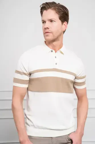Modazone Men's Ecru Trend Dynamic Fit Comfort Fit Polo Collar T-Shirt - 4