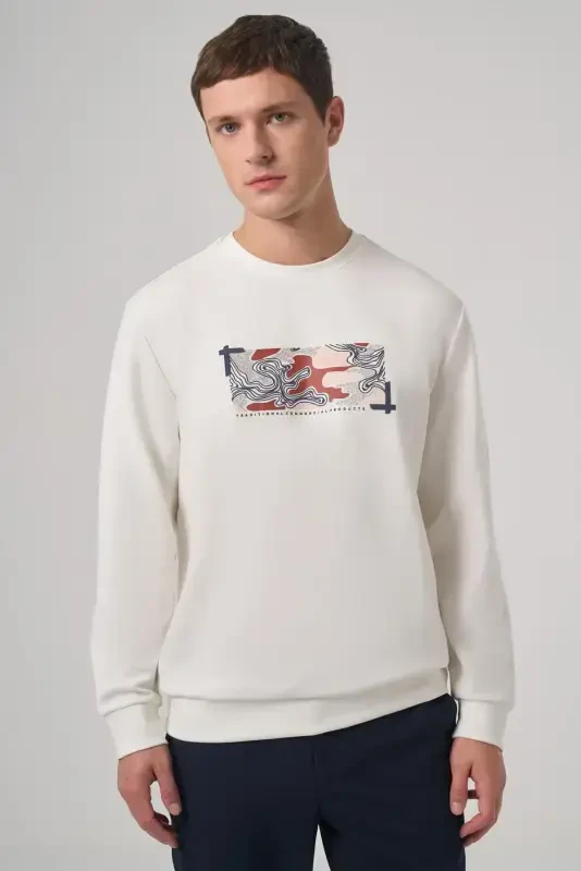 Modazone Men's Ecru Trend Printed Crew Neck Sweatshirt - MORVEN
