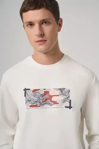 Modazone Men's Ecru Trend Printed Crew Neck Sweatshirt - 3