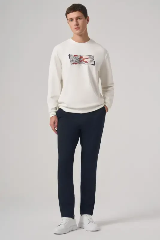 Modazone Men's Ecru Trend Printed Crew Neck Sweatshirt - 4