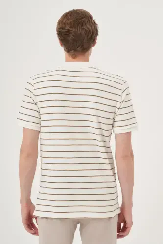 Modazone Men's Ecru Trendy Striped Dynamic Fit Polo Collar T-Shirt - 5