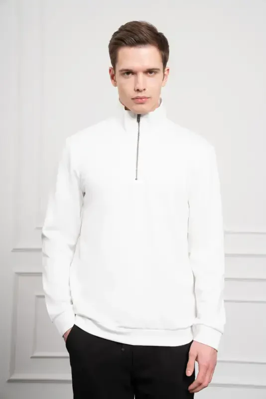 Modazone Men's Ecru Zippered Mock Neck Dynamic Fit Relaxed Fit Sweatshirt - 4