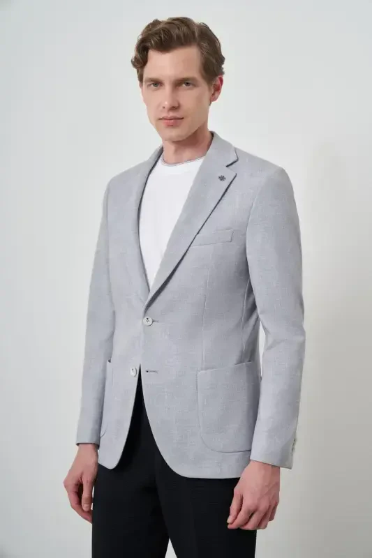 Modazone Men's Gray Knitted Patterned Slim Fit Mono Collar Jacket - MORVEN