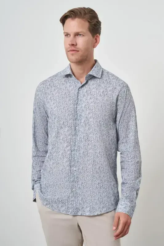 Modazone Men's Gray Linen Trend Dynamic Fit Button-Down Collar Shirt - MORVEN