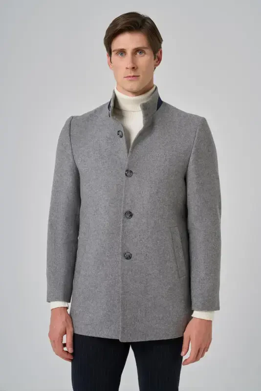 Modazone Men's Gray Plain Mandarin Collar Dynamic Fit Coat - MORVEN