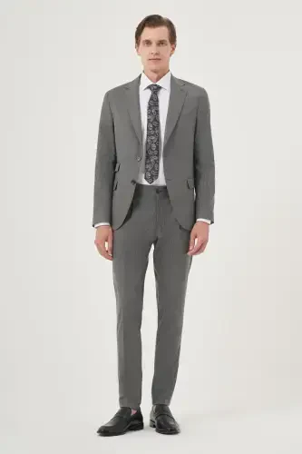 Modazone Men's Gray Polyviscose Trend Striped Slim Fit Single Collar Double Flap Pocket Suit - 3