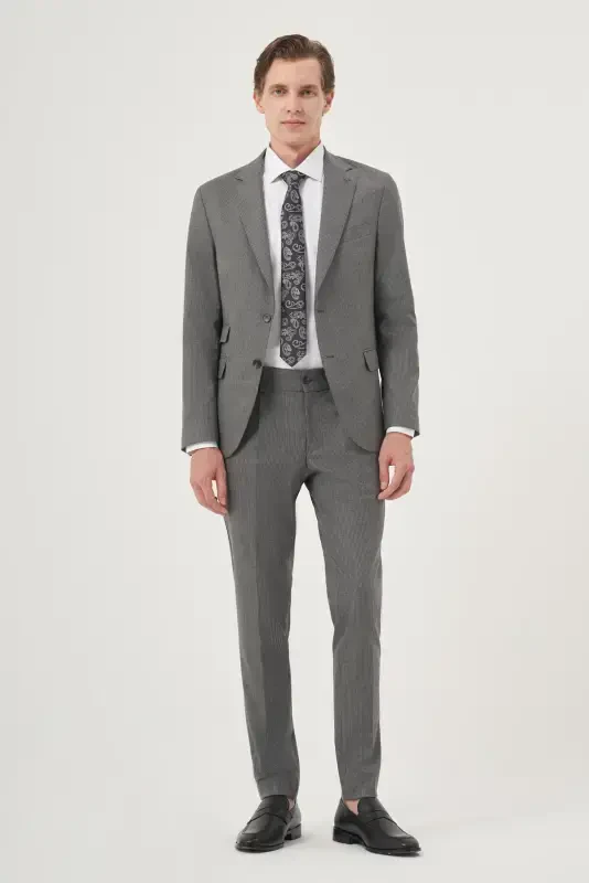 Modazone Men's Gray Polyviscose Trend Striped Slim Fit Single Collar Double Flap Pocket Suit - 4