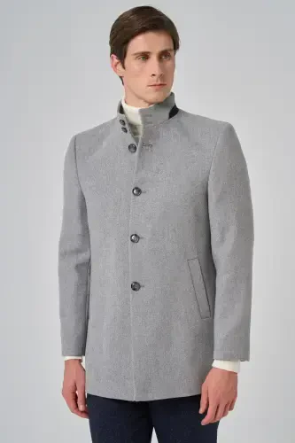 Modazone Men's Gray Wool Plain Dynamic Fit Mandarin Collar Coat - 1