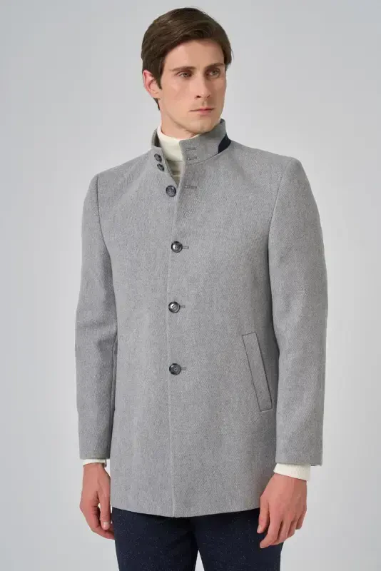 Modazone Men's Gray Wool Plain Dynamic Fit Mandarin Collar Coat - MORVEN