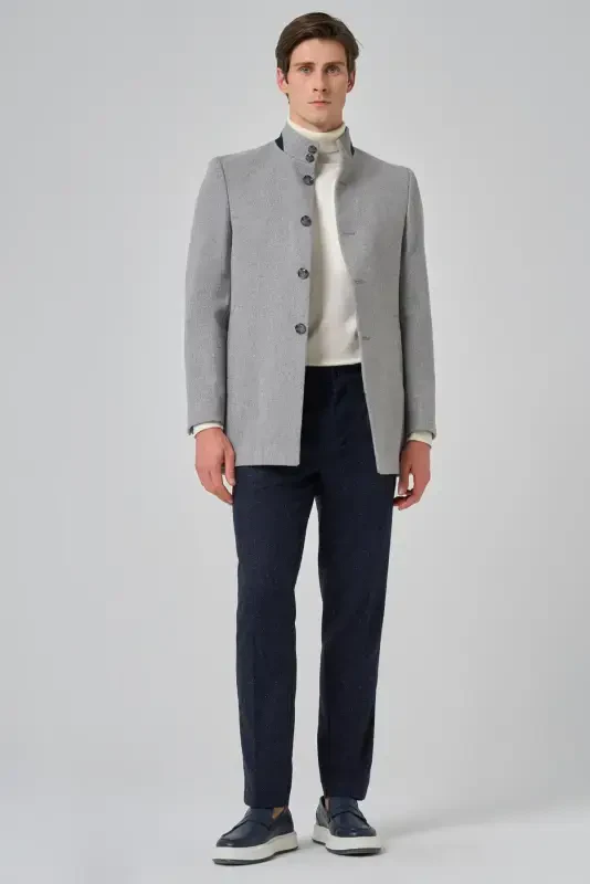 Modazone Men's Gray Wool Plain Dynamic Fit Mandarin Collar Coat - 2