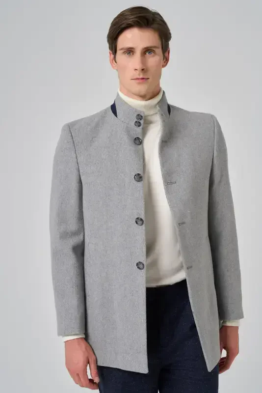 Modazone Men's Gray Wool Plain Dynamic Fit Mandarin Collar Coat - 3