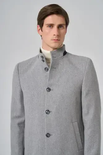 Modazone Men's Gray Wool Plain Dynamic Fit Mandarin Collar Coat - 4