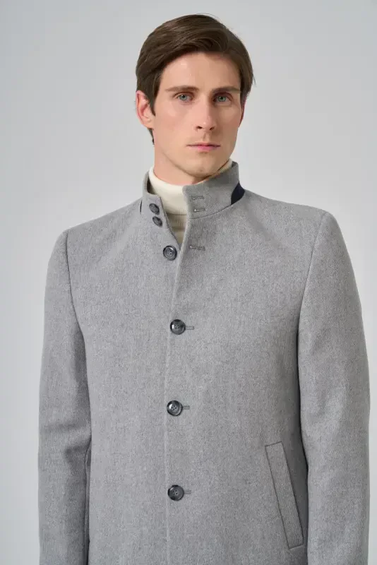Modazone Men's Gray Wool Plain Dynamic Fit Mandarin Collar Coat - 4