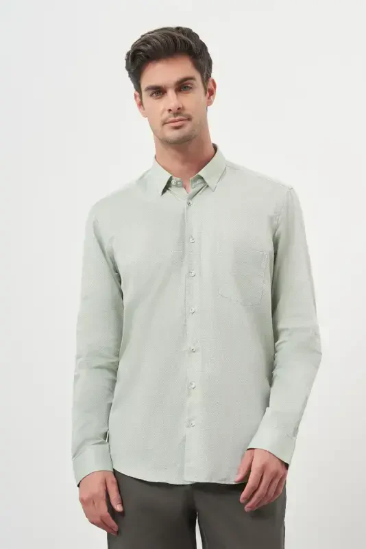 Modazone Men's Green Cotton Printed Patterned Pocketed Italian Collar Regular Fit Shirt - 3